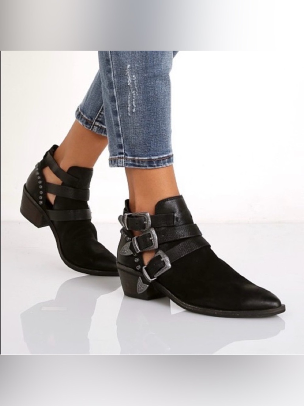 Dolce Vita Spur Bootie Black Triple Buckle Western Ankle Boots